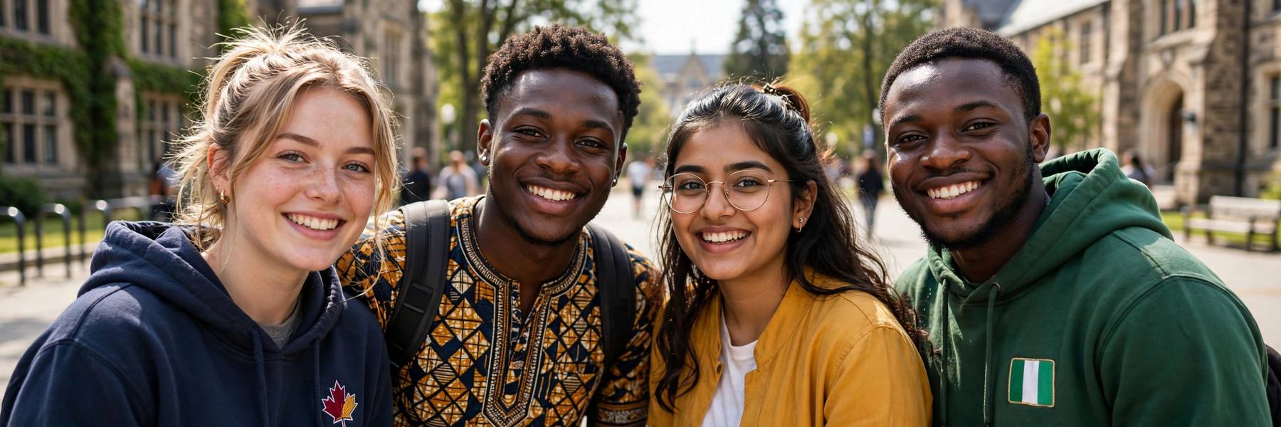 Diverse international students smiling together on a Canadian university campus